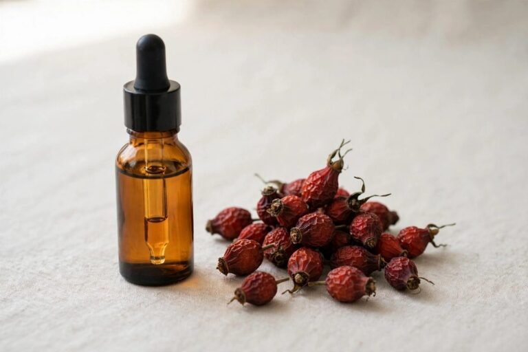 Bottle of pure rosehip oil with rosehips